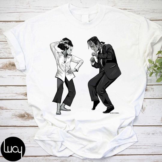 Discover Pulp Frankenstein Dancing In Halloween Shirt, Halloween Crossover Tee, Retro Horror Mashup, Monster Movie Dance Scene Tee, Spooky Funny Gift