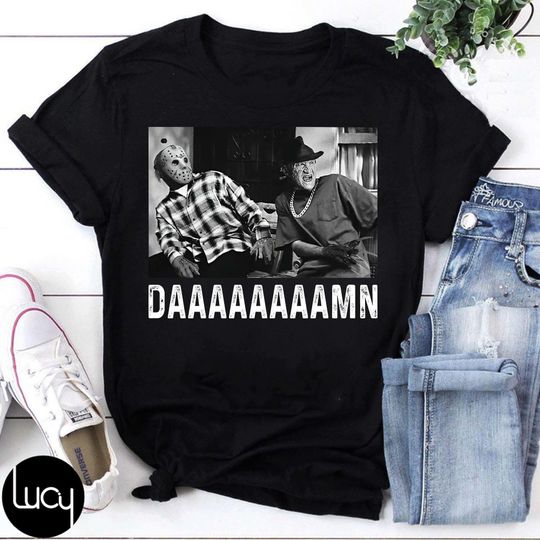 Jason Freddy Daaaaaaamn Funny Mashup T-Shirt, Horror Movie Meme Tee, 90s Cult Classic Meets Horror Humor