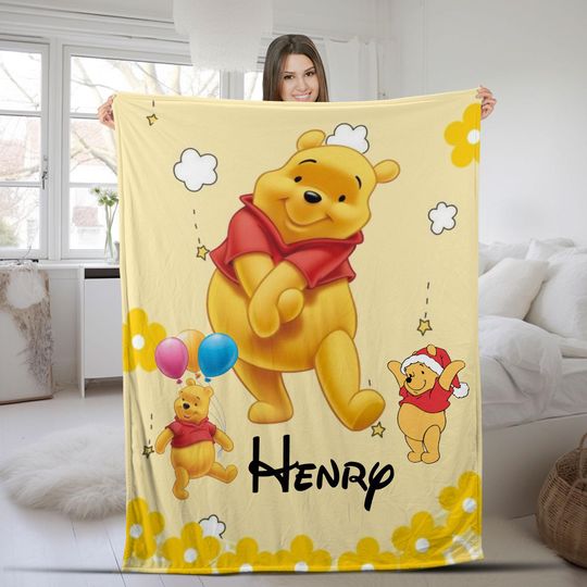Discover Winnie the Pooh Winter Blanket, Personalized Disney Blanket, Pooh and Piglet Holiday Throw, Cute Cozy Gift for Kids and Family JVN4Y14