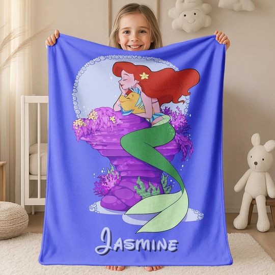 Discover Disney Princess The Little Mermaid Blanket, Custom Name Blanket, Birthday Girl, Baby Girl Name Sherpa Fleece Blanket, Disney Blanket JCJR25