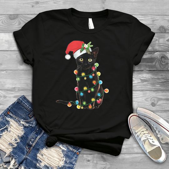 Discover Black Santa Cat Christmas Lights Vintage T-Shirt, Funny Cat Gift, Xmas Cat Tee
