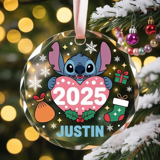 Discover Personalized Stitch Christmas Ornament 2025, Disney Lilo and Stitch Ornament, Disney Glass Keepsake, Kids Disney Ornament