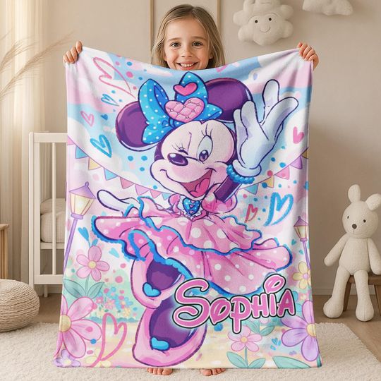 Discover Personalized Minnie Mouse Christmas Blanket, Disney Name Blanket with Minnie Mouse Character, Perfect Gift for Kids, Disney Xmas Gift G5PG06