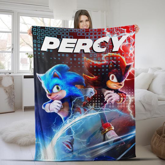 Discover Sonic Hedgehog Movie Blanket with Name, Sonic 3 Custom Fleece Throw, Sonic Birthday Gift for Kids, Sonic Sherpa Blanket, Gamer Gift NGP015