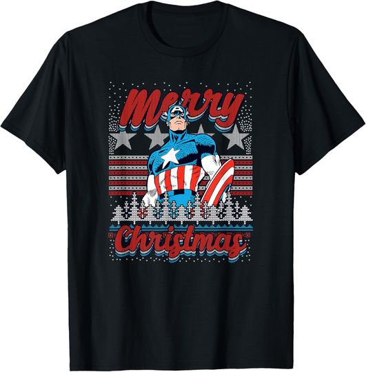 Marvel Christmas Captain America Ugly Sweater Pattern T-Shirt