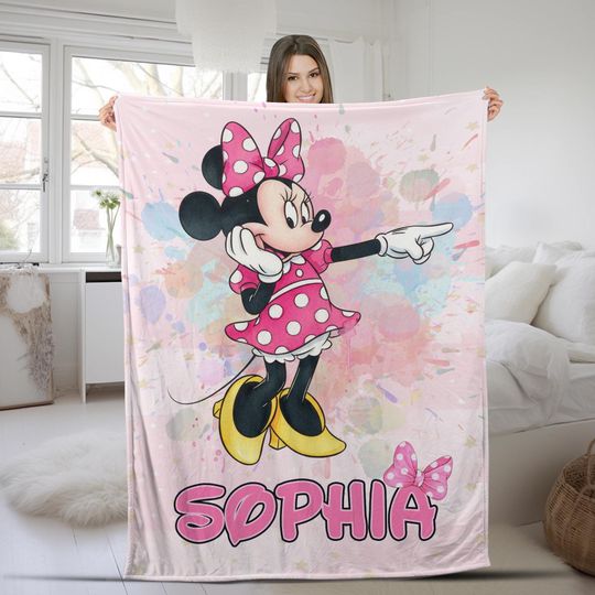 Personalized Disney Name Fleece Blanket with Minnie Character, Soft Cozy Quilt