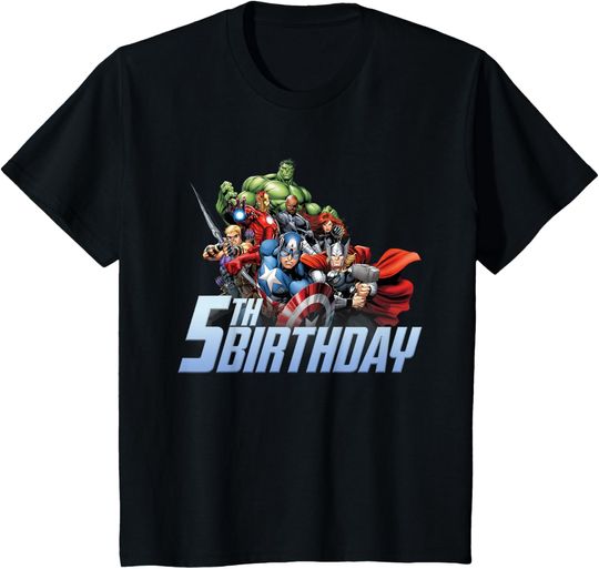 Discover Kids Marvel Comics Classic Happy 5th Birthday Avengers Assemble T-Shirt