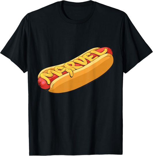 Discover Marvel Menu Funny Super Hero Snack Foods Hot Dog Marvel Logo T-Shirt
