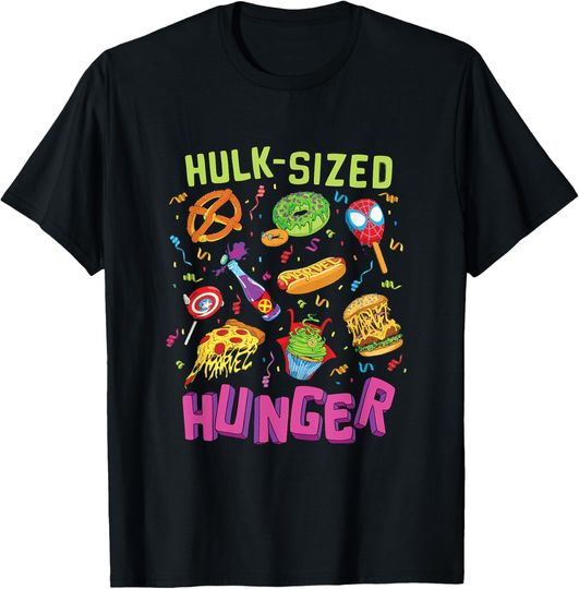 Discover Marvel Menu Funny Super Hero Snack Foods Hulk-Sized Hunger T-Shirt
