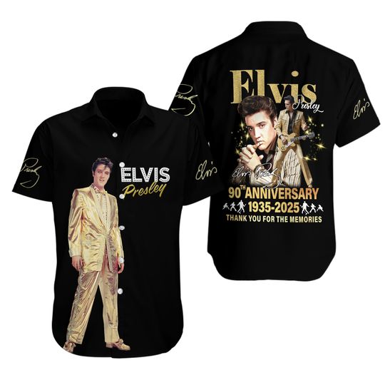 Elvis Presley Button Shirt, 90Th Anniversary 1935 2025 Thank You Memories Shirt, Elvis Presley Tour Hawaiian Shirt, King Of Rock n Roll