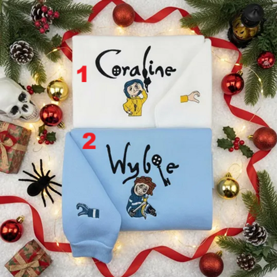 Coraline Inspired Embroidered Sweatshirt with Black Cat and Pink Palace Scene