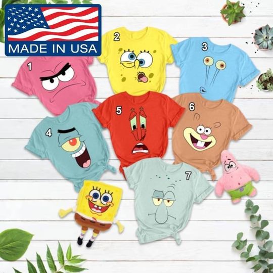 Discover Group Cosplay Shirt Under Sea Friends, T-Shirts Sponge Boy, Starfish, Squid, Crab, Snail, Underwater Squirrel, Plankton,Pretend Play Halloween Costume