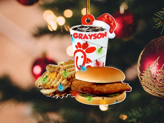 Discover Custom Fast Food Chicken Santa Hat Christmas Acrylic Christmas Ornament, Burger Fast Food Decoration, Xmas Tree Decor