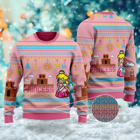 Super Mario Princess Ugly Christmas Sweater, Princess Peach Xmas Sweatshirt, Mario Christmas Gift, Supermario Game Christmas Shirt