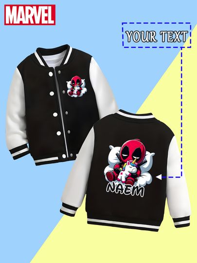 Marvel Boys Baseball Jacket - Deadpool Holding Unicorn Cute Print