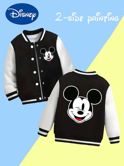 Discover MINISO Disney Winking Mickey Boys Baseball Jacket - Mickey Winking Cute Print, Reversible Design, Relaxing Time