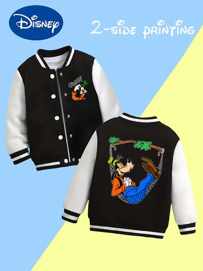 Discover MINISO Disney Goofy Swing Style Boys' Baseball Jacket - Double-sided Goofy print, casual, soft and skin-friendly, trendy