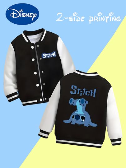 Discover MINISO Disney Boys' Baseball Jacket - Stitch Jenga Print, Reversible Pattern, Warm Fabric, Perfect for School, Stylish Outerwear