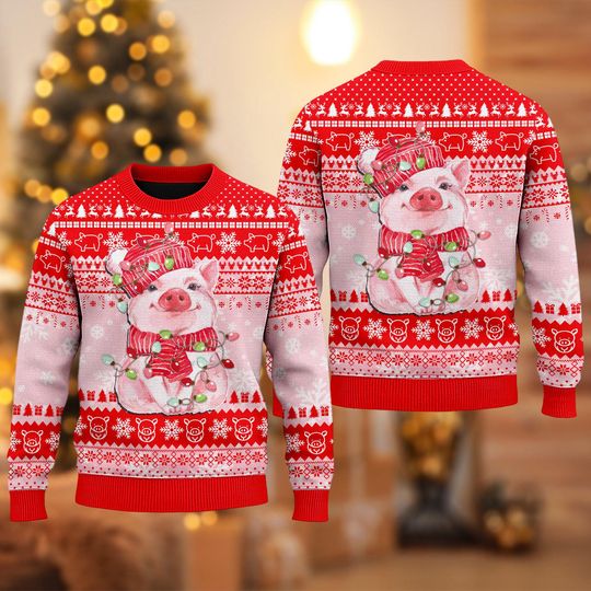 Lovely Pig Reindeer 3D Ugly Christmas Sweater, Merry Pigmas Christmas Sweatshirt, Funny Pig Xmas Sweater, Pig Ugly Xmas Sweater Gifts