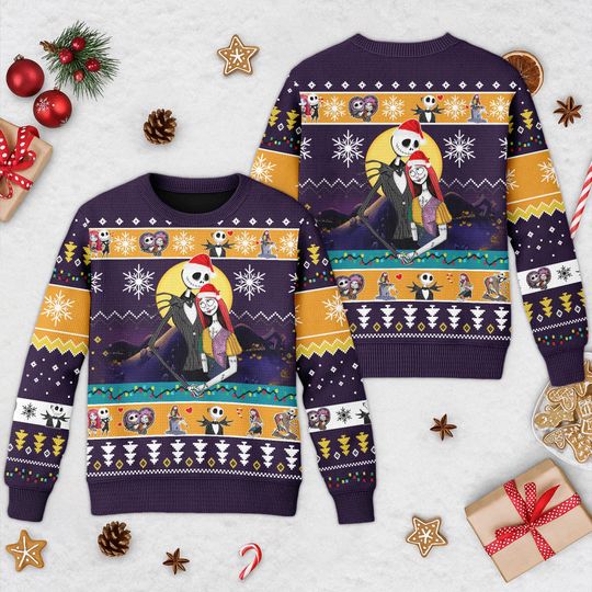 Discover Nightmare Before Christmas Ugly Sweater, Jack Skellington and Sally Xmas Sweatshirt, Disney Christmas Gift For Men Women Kid