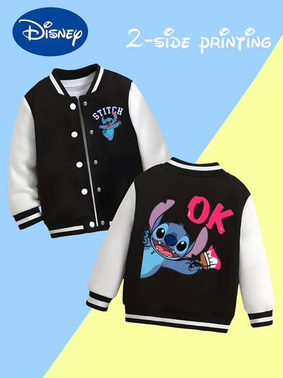 Discover MINISO Disney OK Stitch Baseball Jacket for Boys - Double-sided trendy Stitch print, "OK", soft fabric,comfortable and versatile