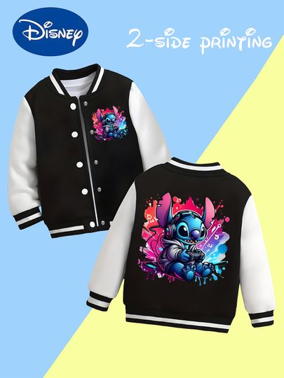 Discover MINISO Disney Boys' Baseball Jacket-Stitch trendy video game style print, colorful ink design,trendy school outerwear, versatile