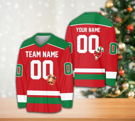Discover Personalized Christmas Ice Hockey Jersey, Custom Christmas Party Hockey Shirt Hockey Team Jersey Holiday Xmas Sports Uniform For Hockey Fans