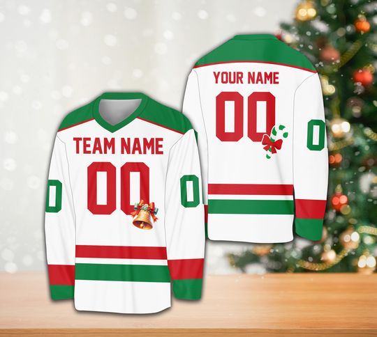 Personalized Christmas Ice Hockey Jersey, Hockey Team Jersey Holiday Xmas Sports Uniform