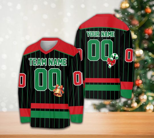 Discover Personalized Christmas Ice Hockey Jersey, Custom Christmas Party Hockey Shirt Hockey Team Jersey Holiday Xmas Sports Uniform For Hockey Fans