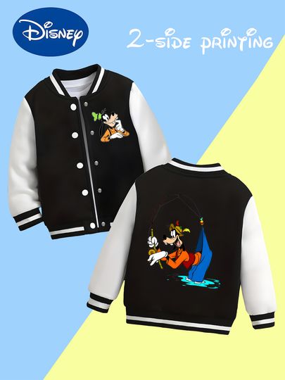 Discover MINISO Disney Goofy Fishing Baseball Jacket for Boys - Double-sided fun fishing print, outdoor leisure, soft fabric, versatile