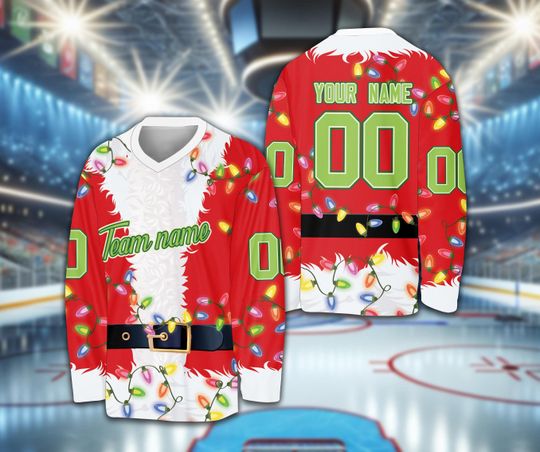 Discover Personalized Name Number Ice Hockey Jersey, Custom Santa Costume American Hockey Shirt, US Hockey Team Jersey Game Day Outfit For Hockey Fan