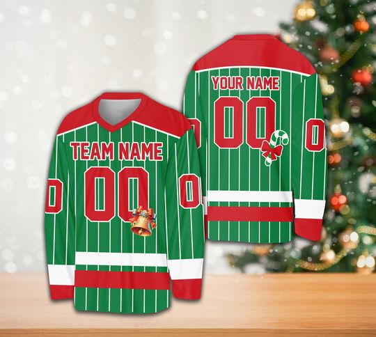 Discover Personalized Christmas Ice Hockey Jersey, Custom Christmas Party Hockey Shirt Hockey Team Jersey Holiday Xmas Sports Uniform For Hockey Fans