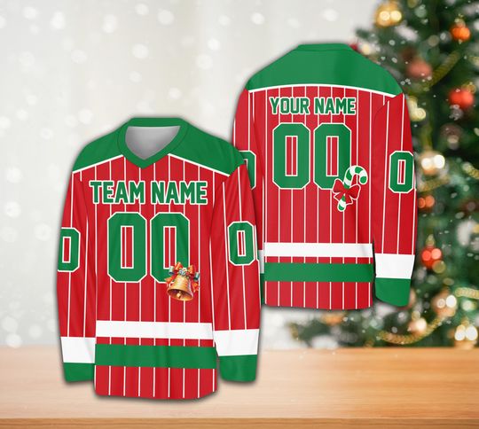 Discover Personalized Christmas Ice Hockey Jersey, Custom Christmas Party Hockey Shirt Hockey Team Jersey Holiday Xmas Sports Uniform For Hockey Fans