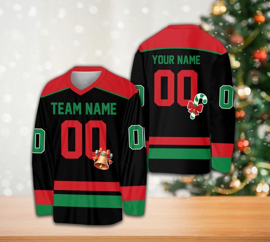 Discover Personalized Christmas Ice Hockey Jersey, Custom Christmas Party Hockey Shirt Hockey Team Jersey Holiday Xmas Sports Uniform For Hockey Fans