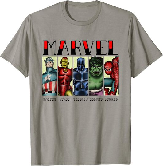 Discover Marvel Avengers and Spider-Man Super Hero Real Names Retro T-Shirt