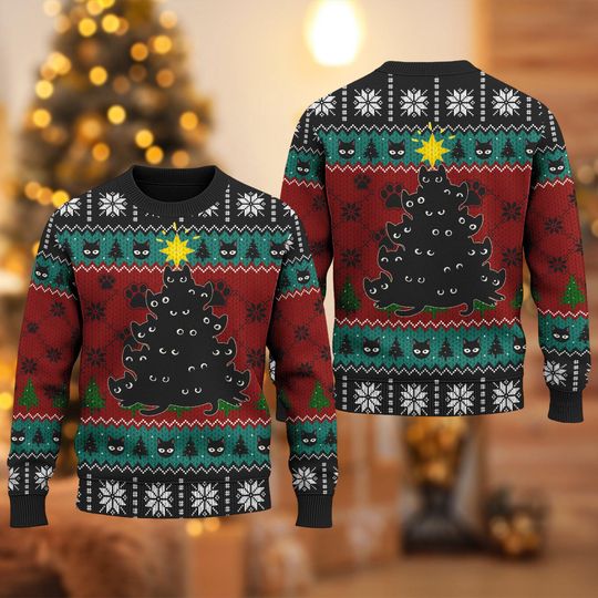 Cute Black Cat Ugly Christmas Sweater, Cute Black Cat Christmas Tree Xmas Sweatshirt, Cute Black Cat Christmas Gift For Men Women