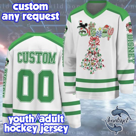 Discover Personalized Disney Christmas Hockey Jersey, Custom Holiday Team Outfit, Fun Hockey Lover Gift Shirt