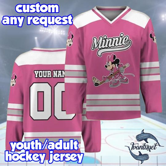Discover Personalized Disney Minnie Pink Hockey Jersey, Cute Birthday Gift for Fans, Disneyland Family Outfit
