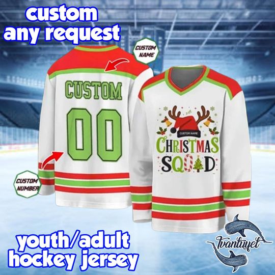 Discover Personalized Christmas Squad Hockey Jersey 2025, Custom Name and Number Holiday Outfit, Funny Matching Family Xmas Gift