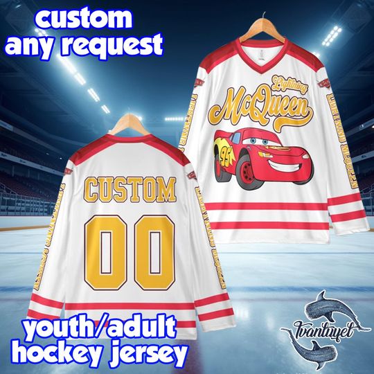 Discover Personalized Lightning McQueen Hockey Jersey, Custom Disney Team Shirt, Fun Hockey Outfit Gift for Disney Fans