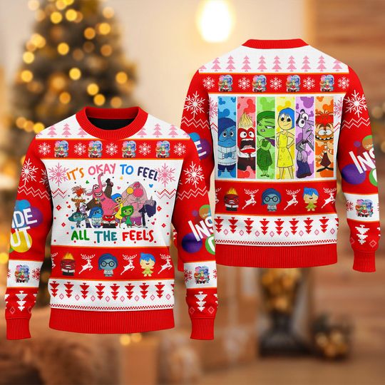 Discover It's Okay To Feel All The Feel Ugly Christmas Sweater, Joy Sadness Xmas Sweatshirt, Disney Inside Out 2 Christmas Gift For Men Women