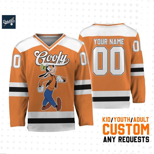 Discover Personalized Goofy Ice Hockey jersey Orange And White, Mickey Hockey Jersey, Disney Mickey Hockey Fan Lover Gift, Family Vacation Outfit