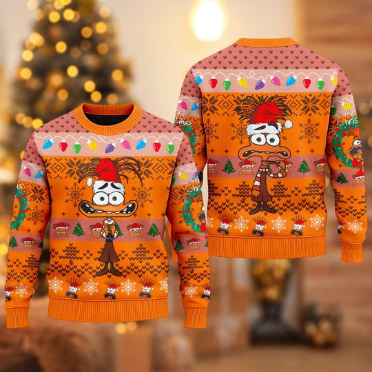 Discover Anxiety Inside Out Ugly Christmas Sweater, Inside Out 2 Anxiety Emotion Shirt, Disney Inside Out Sweater, Disney Ugly Christmas Sweatshirt