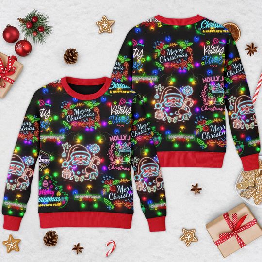 Discover Christmas Bright Neon Lighting Ugly Sweater, Santa Claus Ugly Christmas Pattern Gift, Santa Neon Lighting Sweatshirt, Merry Christmas Shirt