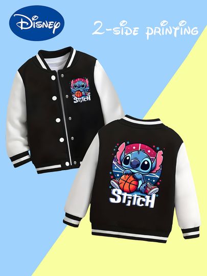 Discover MINISO Disney Basketball Stitch Boys' Baseball Jacket - Stitch basketball themed print,reversible design, soft outdoor outerwear