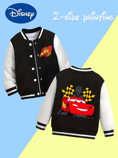 Discover MINISO Cars Boys' Baseball Jacket - Lightning McQueen 95 Print, Cool and Stylish, Racing Theme, Outdoor, Disney, Durable Fabric