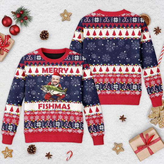 Discover Merry Fishmas Christmas Ugly Sweater, Custom Photo Ugly Christmas Sweater, Fishing Xmas Sweatshirt, Christmas Gift For Men Women Kid