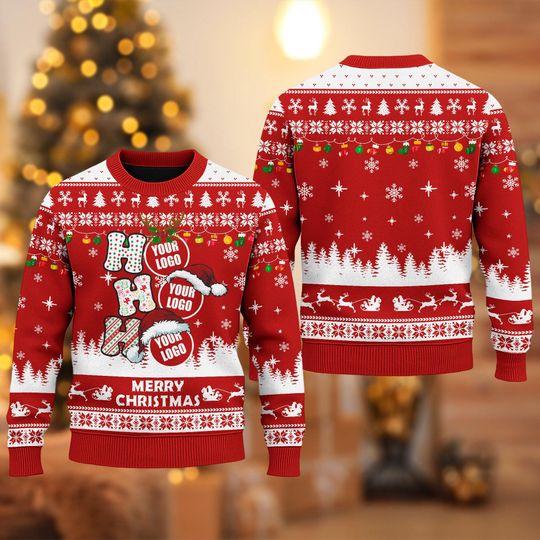 Custom Ho Ho Ho Logo Ugly Christmas Sweater, Personalized Company Logo Xmas Sweatshirt, Custom Photo Image Christmas Gift For Men Women
