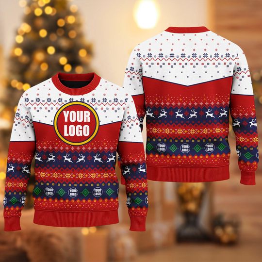 Custom Logo Ugly Christmas Sweater, Personalized Logo Team Xmas Holiday Sweatshirt, Custom Photo Image Christmas Gift For Company