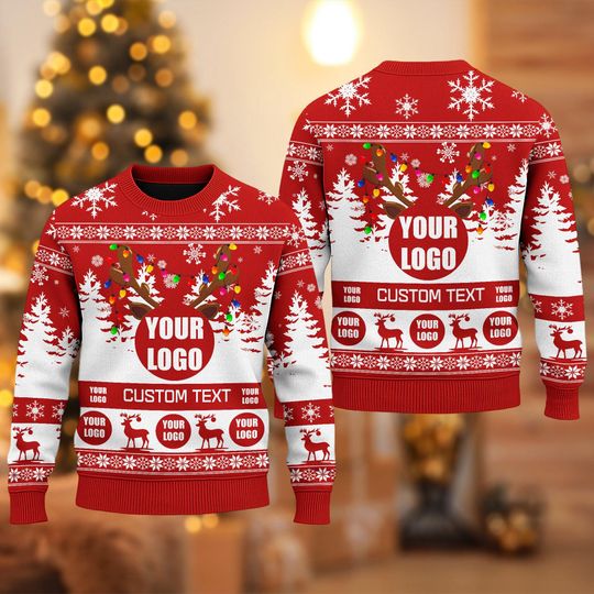 Custom Logo Ugly Christmas Sweater, Custom Company Logo Reindeer Sweatshirt, Photo Christmas Gift For Men Women, Logo Xmas Shirt
